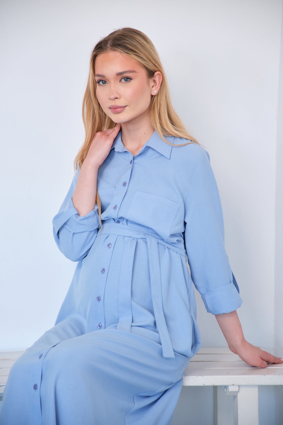 Collared Button Down Maternity Midi Dress – Pockets