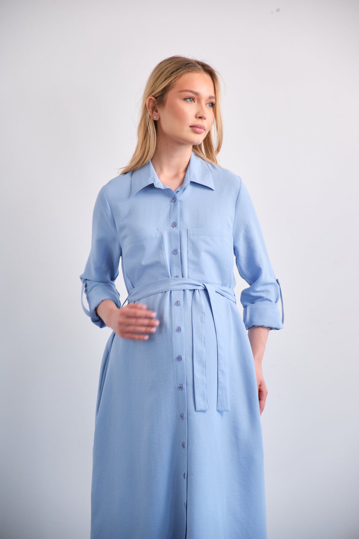 Collared Button Down Maternity Midi Dress with Pockets L / Light Blue Collared Button Down Maternity Midi Dress with Pockets L / Light Blue