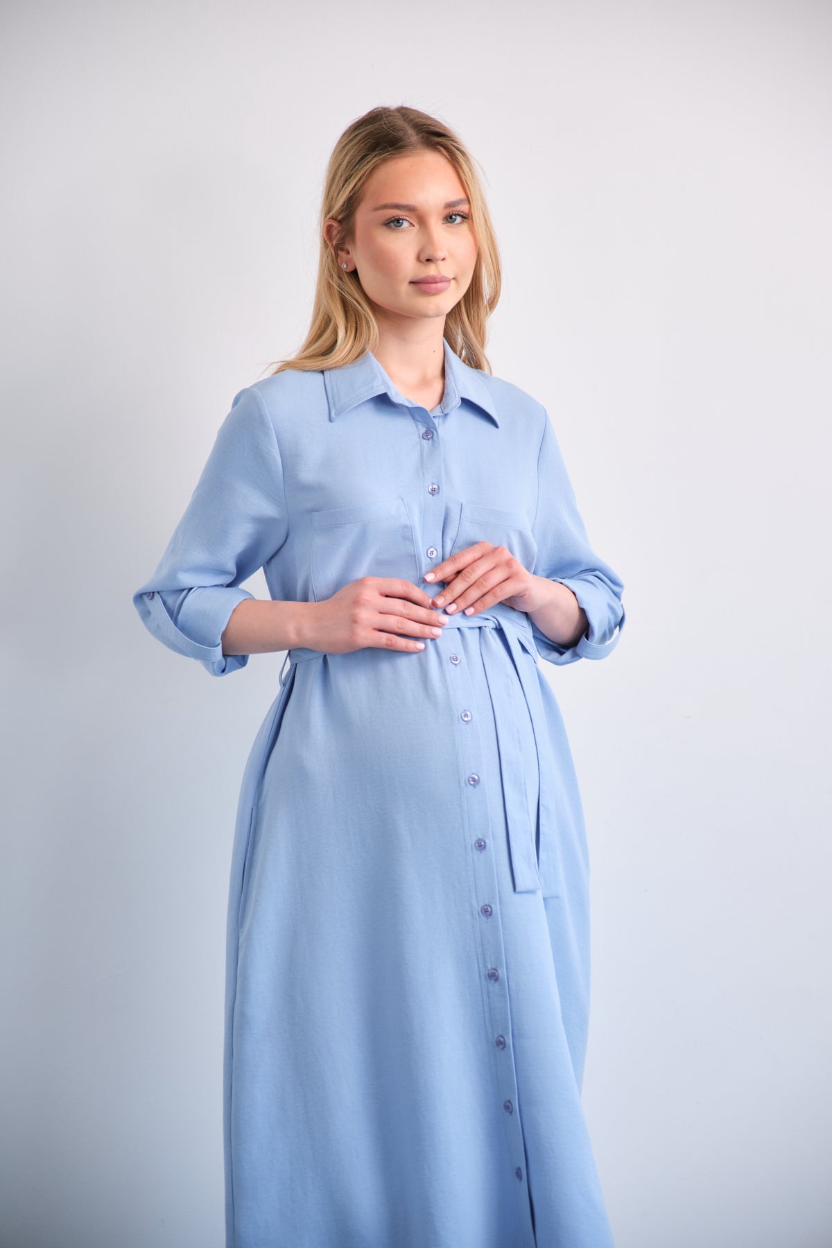 Collared Button Down Maternity Midi Dress with Pockets L / Light Blue Collared Button Down Maternity Midi Dress with Pockets L / Light Blue