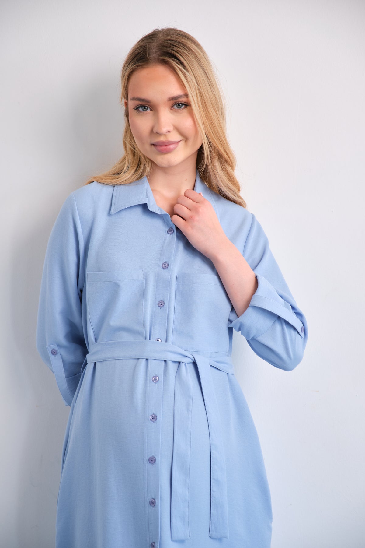 Collared Button Down Maternity Midi Dress with Pockets L / Light Blue