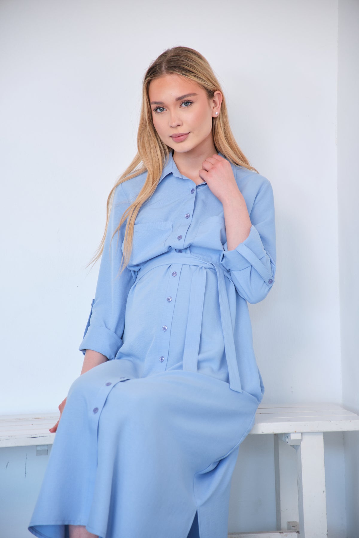 Collared Button Down Maternity Midi Dress with Pockets M / Light Blue Collared Button Down Maternity Midi Dress with Pockets M / Light Blue