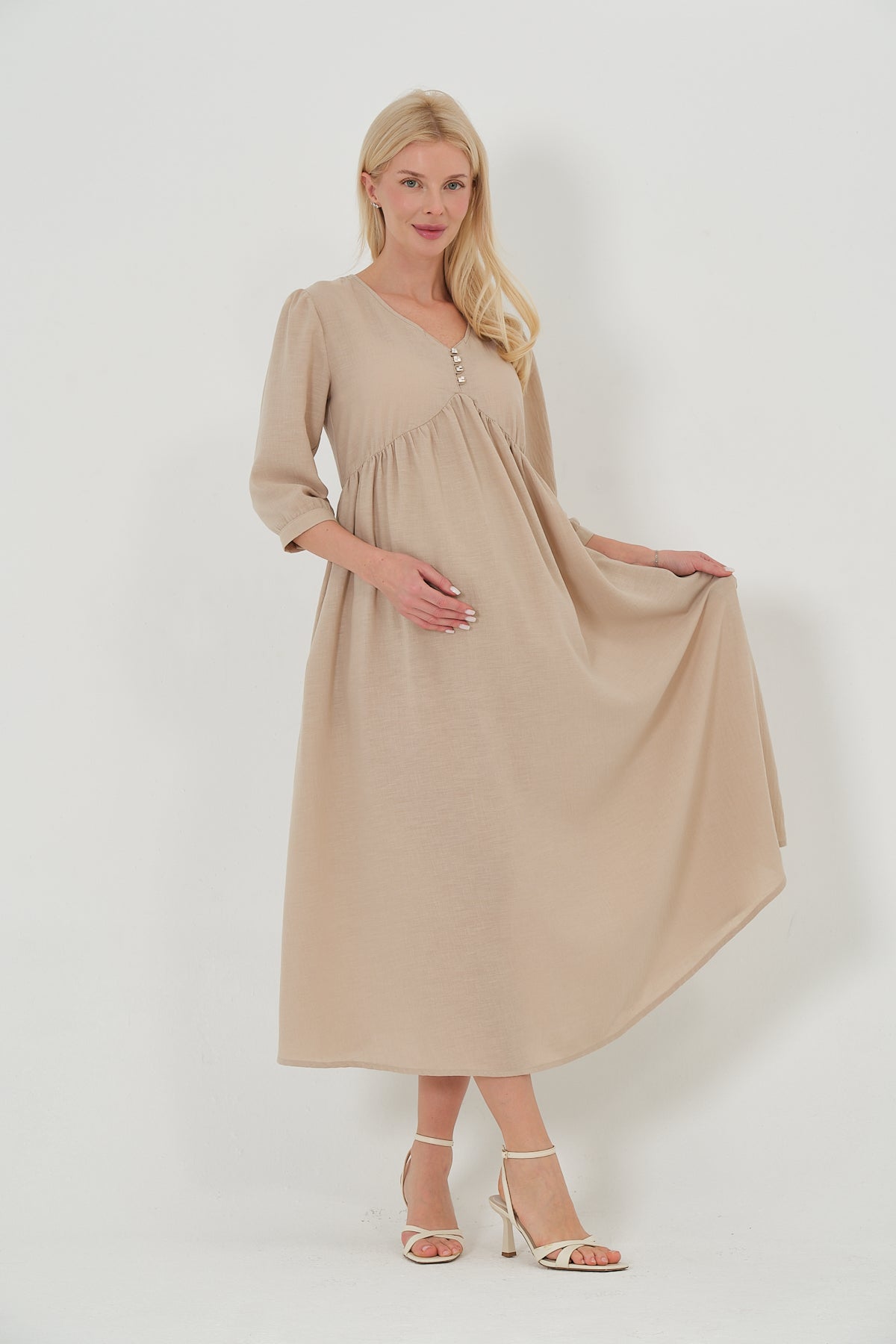Breathable Linen V-Neck Button Down Maternity Midi Dress L / Sand Beige