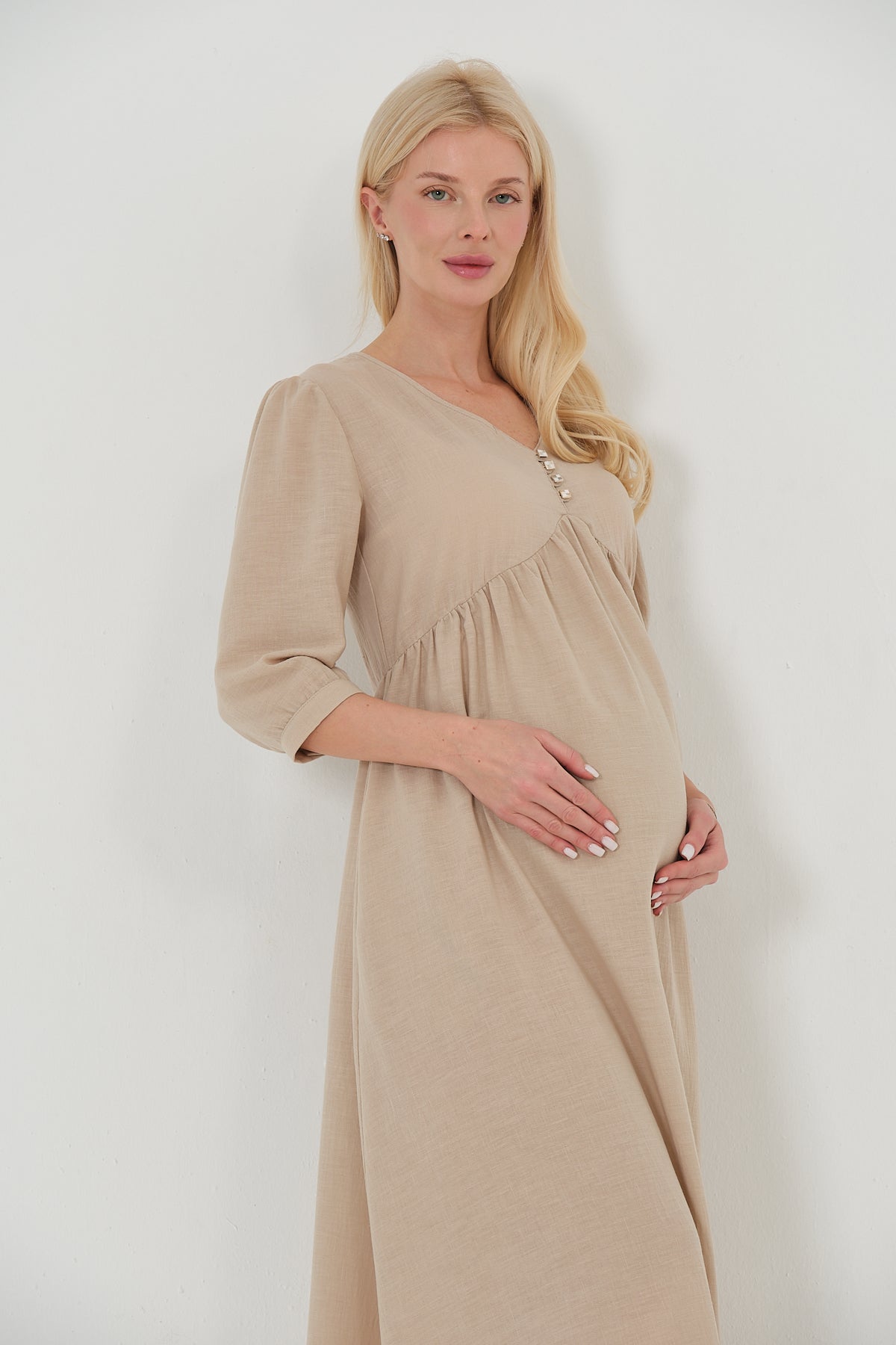 Breathable Linen V-Neck Button Down Maternity Midi Dress L / Sand Beige